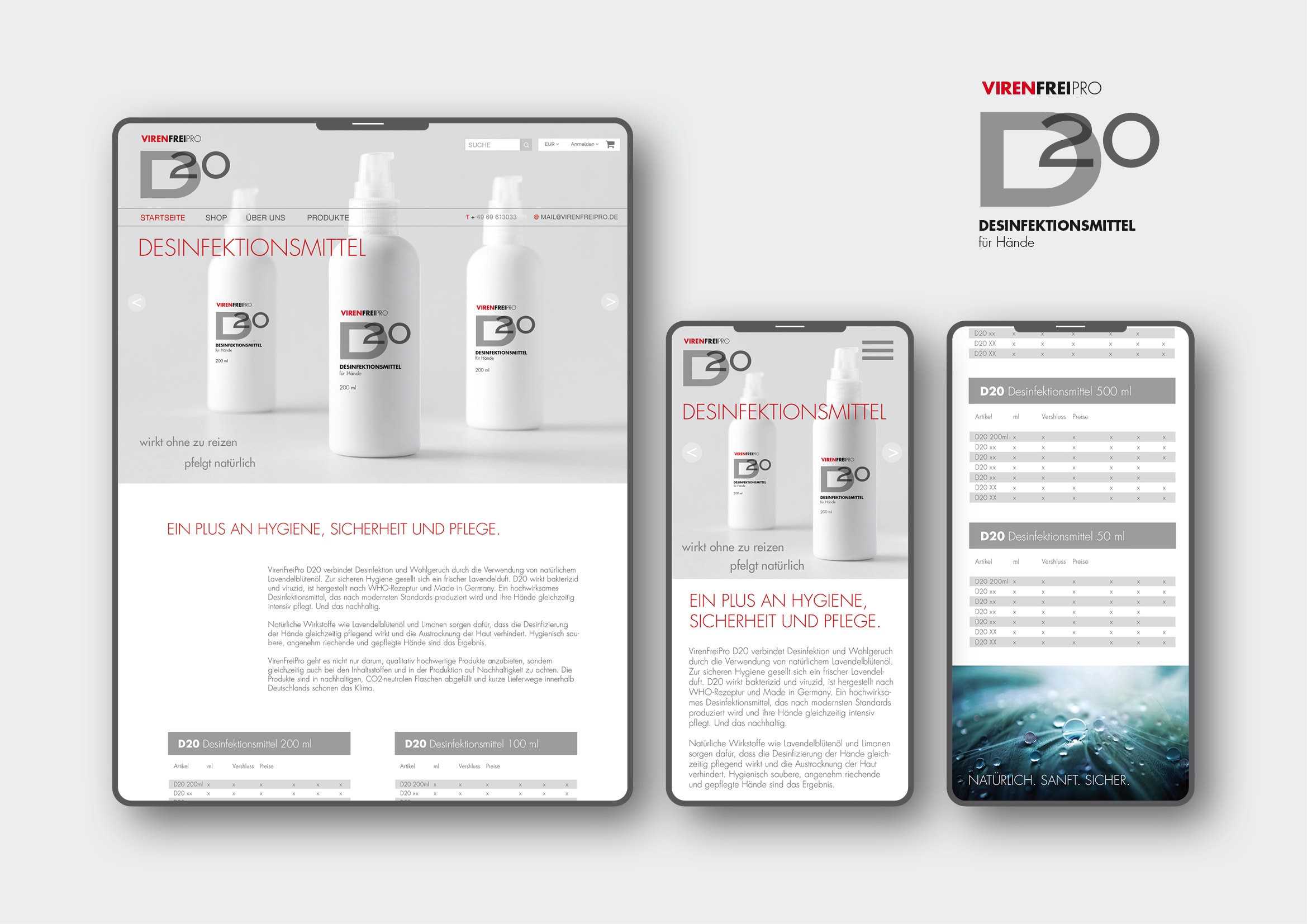 Logodesign und Webdesign Entwicklung Onlineshop für Desinfektionsmittel VirenfreiPro